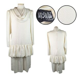 Vtg Ursula of Switzerland Womens Dress‎ Ivory Cowl Neck Ruffle Hem Tiered Sz 12